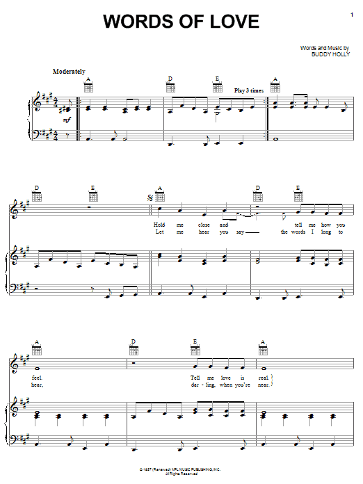 The Beatles Words Of Love sheet music notes and chords arranged for Piano, Vocal & Guitar Chords (Right-Hand Melody)