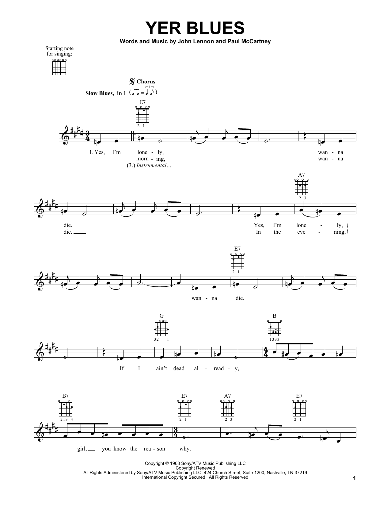 The Beatles Yer Blues sheet music notes and chords. Download Printable PDF.