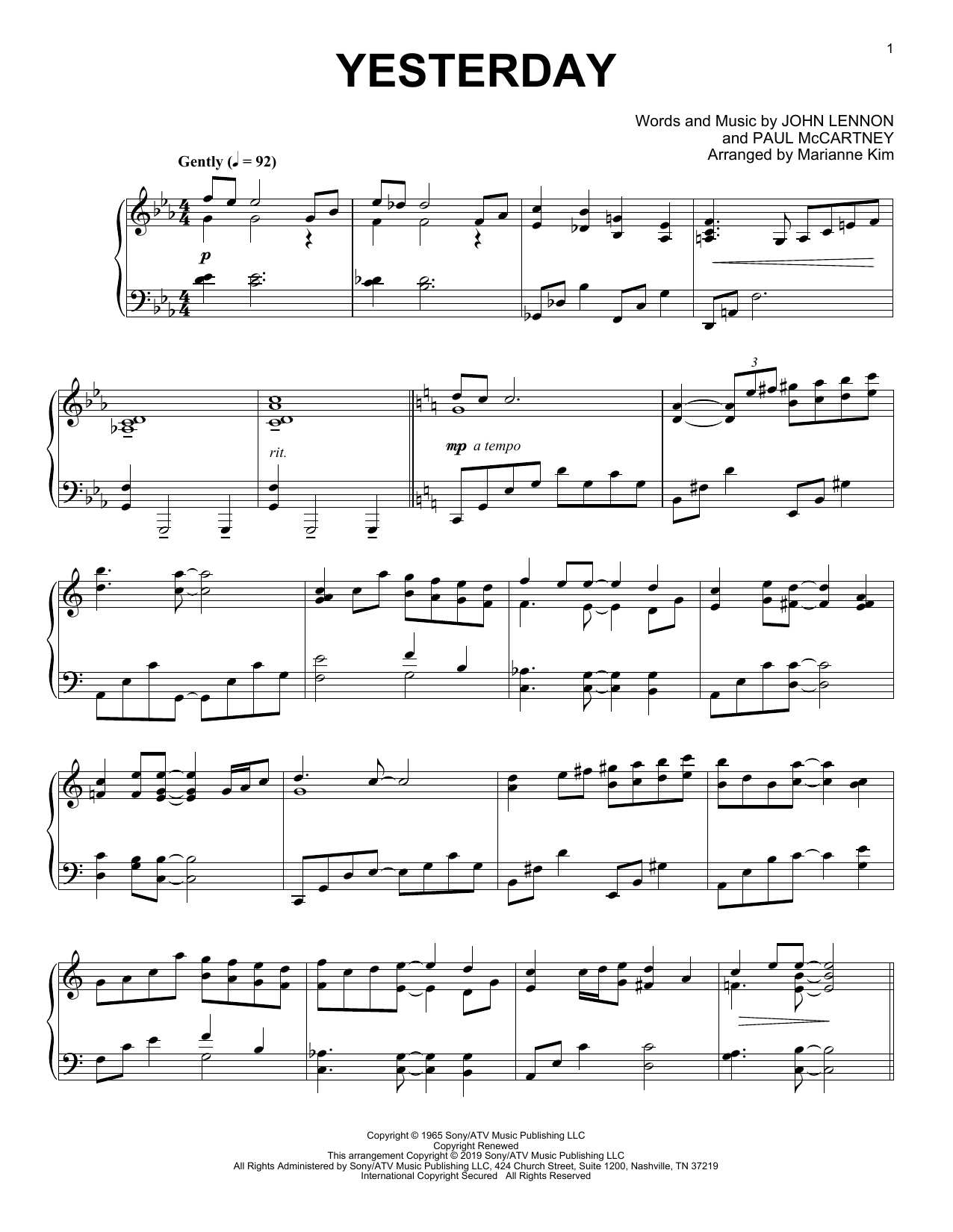 Learn to play The Beatles Yesterday (arr. Marianne Kim) sheet music for Piano Solo in minutes. Price: 7.8900$ The Beatles Yesterday (arr. Marianne Kim) sheet music notes and chords arranged for Piano Solo