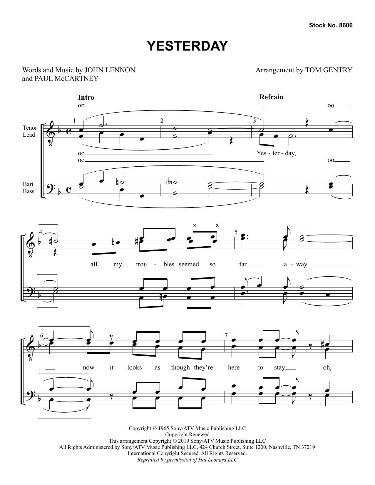 The Beatles Yesterday (arr. Tom Gentry) sheet music notes and chords. Download Printable PDF.