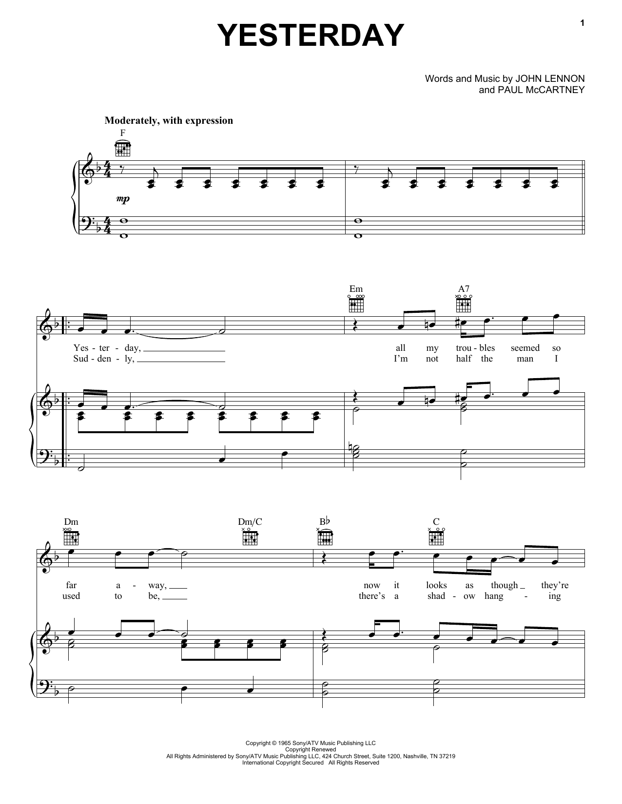 The Beatles Yesterday sheet music notes and chords arranged for Xylophone Solo