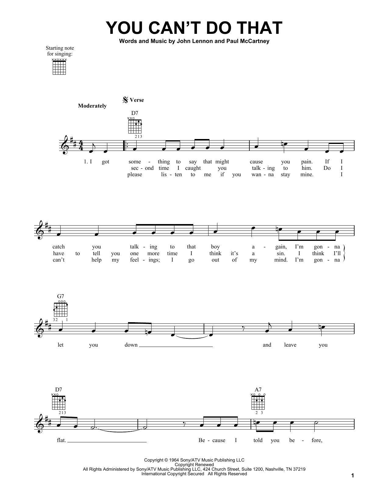 The Beatles You Can't Do That sheet music notes and chords arranged for Piano, Vocal & Guitar Chords (Right-Hand Melody)