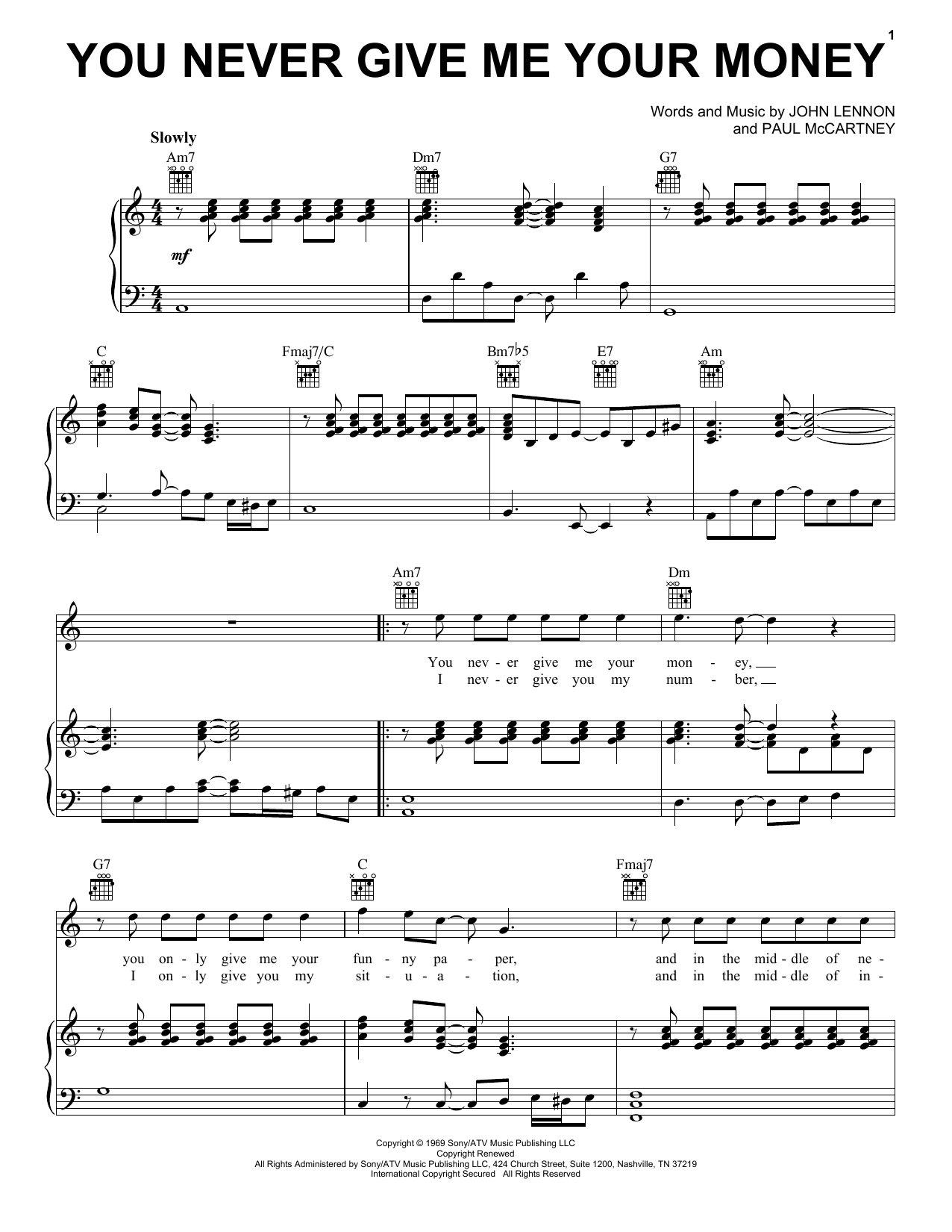 The Beatles You Never Give Me Your Money sheet music notes and chords. Download Printable PDF.