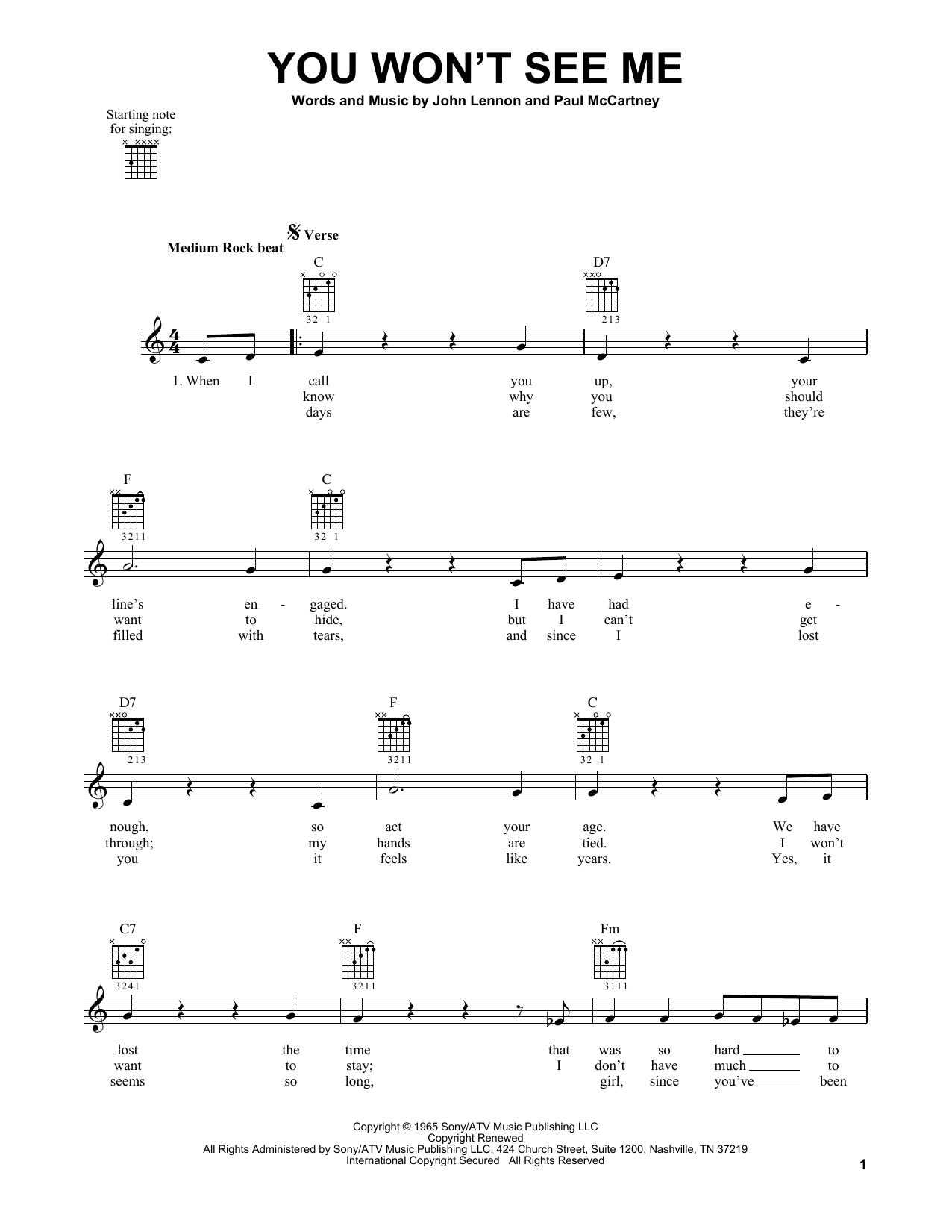 The Beatles You Won't See Me sheet music notes and chords. Download Printable PDF.