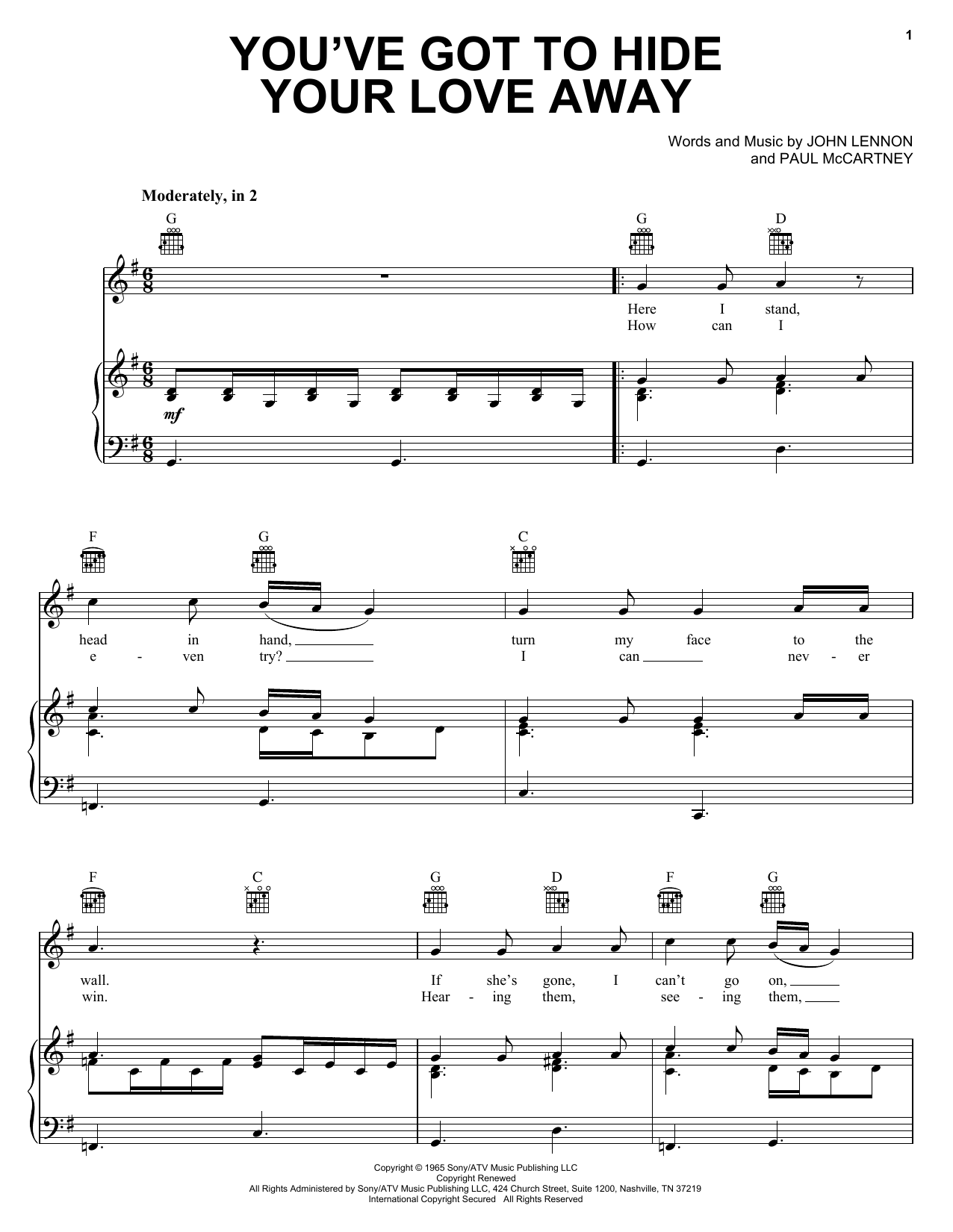 The Beatles You've Got To Hide Your Love Away sheet music notes and chords. Download Printable PDF.