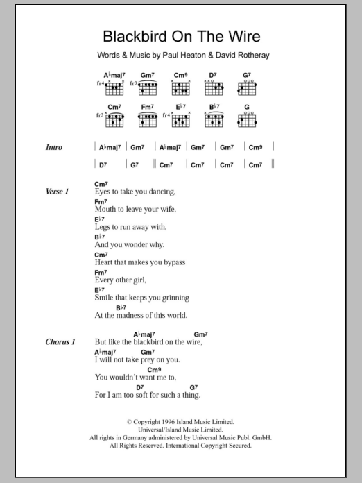 The Beautiful South Blackbird On The Wire sheet music notes and chords. Download Printable PDF.