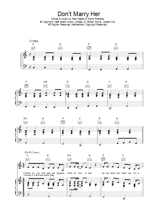 The Beautiful South Don't Marry Her sheet music notes and chords. Download Printable PDF.