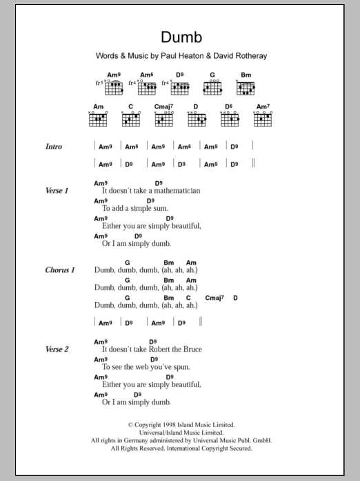 Learn to play The Beautiful South Dumb sheet music for Guitar Chords/Lyrics in minutes. Price: 4.4900$ The Beautiful South Dumb sheet music notes and chords arranged for Guitar Chords/Lyrics