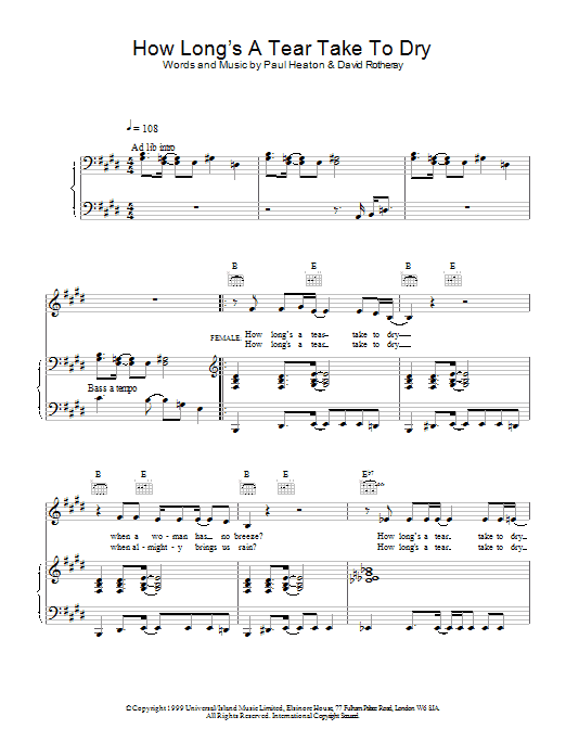 Learn to play The Beautiful South How Long's A Tear Take To Dry? sheet music for Piano, Vocal & Guitar Chords in minutes. Price: 7.8900$ The Beautiful South How Long's A Tear Take To Dry? sheet music notes and chords arranged for Piano, Vocal & Guitar Chords