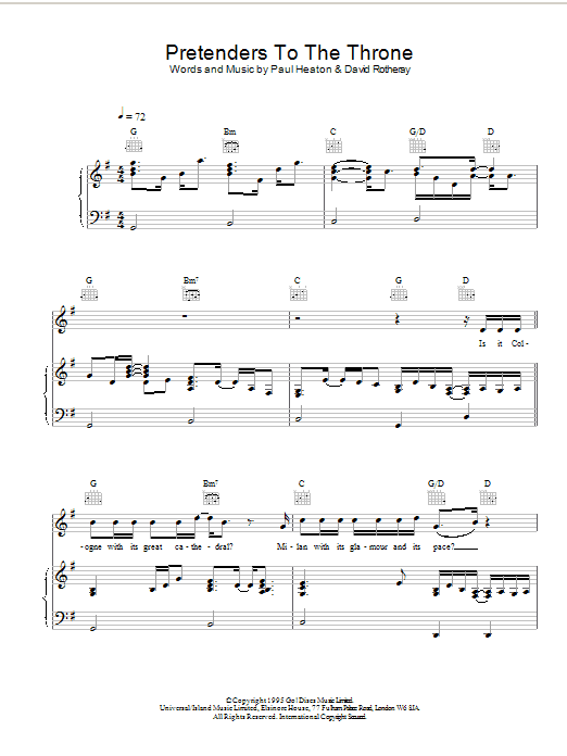 Learn to play The Beautiful South Pretenders To The Throne sheet music for Piano, Vocal & Guitar Chords in minutes. Price: 7.8900$ The Beautiful South Pretenders To The Throne sheet music notes and chords arranged for Piano, Vocal & Guitar Chords