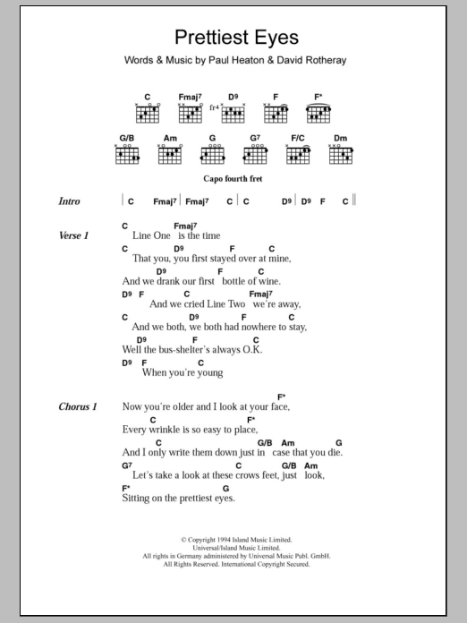 Learn to play The Beautiful South Prettiest Eyes sheet music for Guitar Chords/Lyrics in minutes. Price: 4.4900$ The Beautiful South Prettiest Eyes sheet music notes and chords arranged for Guitar Chords/Lyrics
