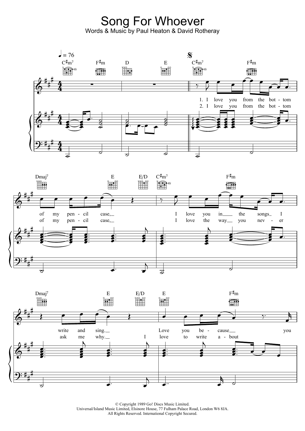 The Beautiful South Song For Whoever sheet music notes and chords. Download Printable PDF.