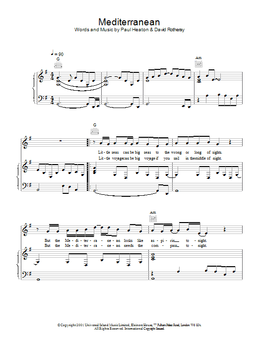 Learn to play The Beautiful South The Mediterranean sheet music for Piano, Vocal & Guitar Chords in minutes. Price: 7.8900$ The Beautiful South The Mediterranean sheet music notes and chords arranged for Piano, Vocal & Guitar Chords