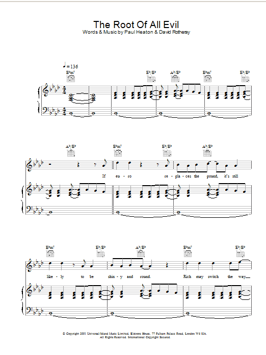 Learn to play The Beautiful South The Root Of All Evil sheet music for Piano, Vocal & Guitar Chords in minutes. Price: 7.8900$ The Beautiful South The Root Of All Evil sheet music notes and chords arranged for Piano, Vocal & Guitar Chords