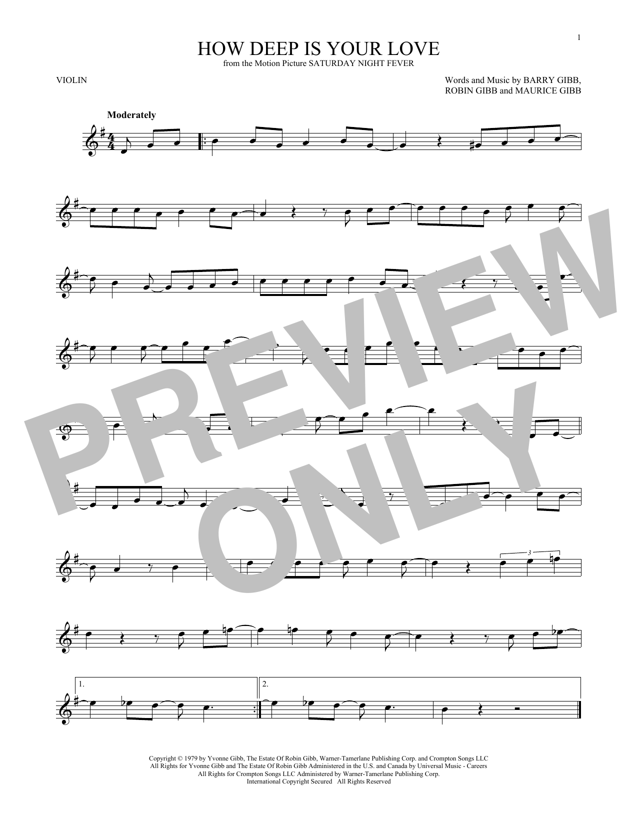 The Bee Gees How Deep Is Your Love sheet music notes and chords arranged for Violin Solo