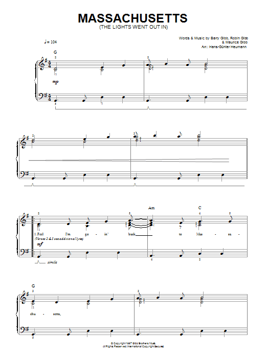 Learn to play Bee Gees Massachusetts (The Lights Went Out) sheet music for Easy Piano in minutes. Price: 6.9900$ Bee Gees Massachusetts (The Lights Went Out) sheet music notes and chords arranged for Easy Piano