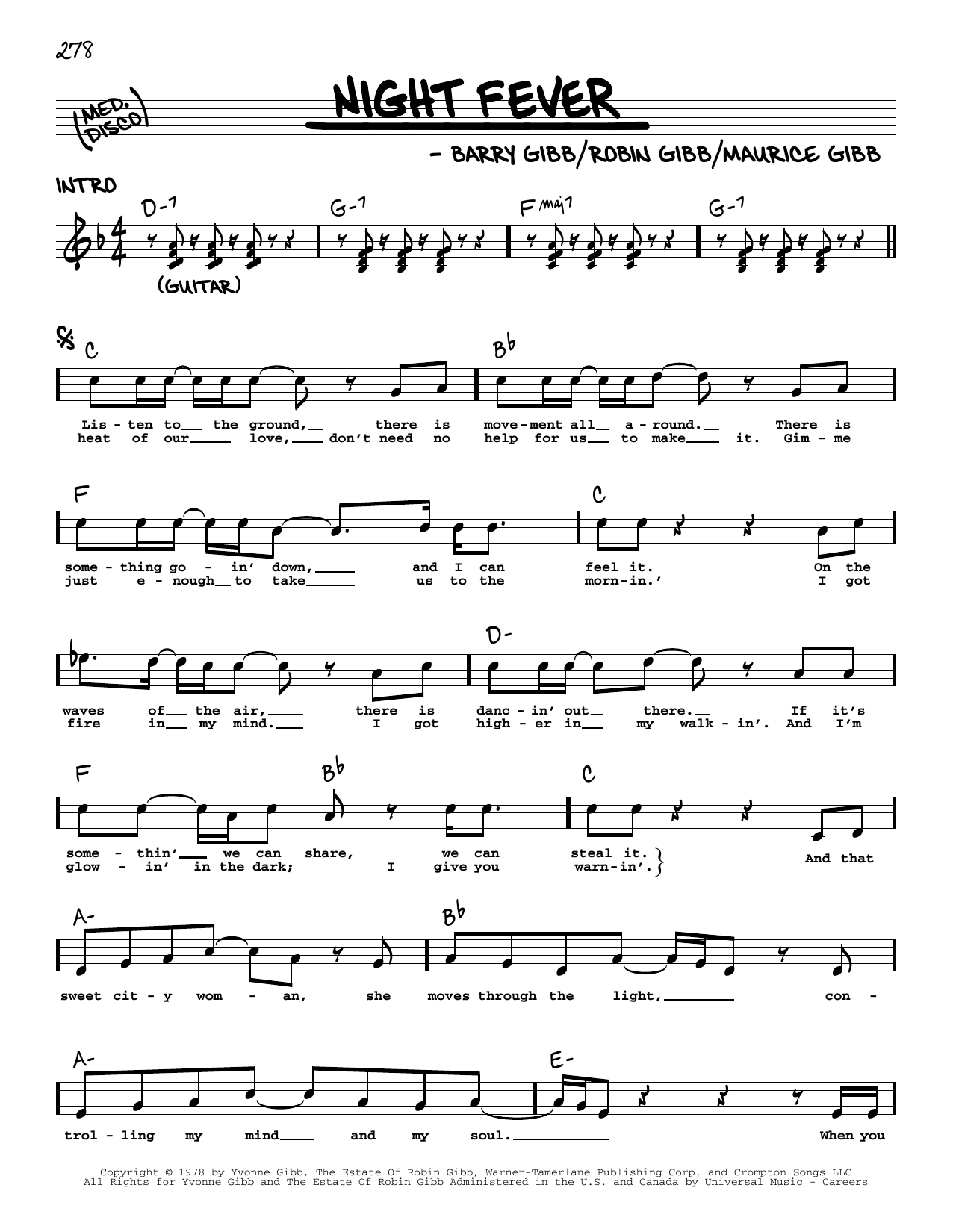 The Bee Gees Night Fever sheet music notes and chords. Download Printable PDF.