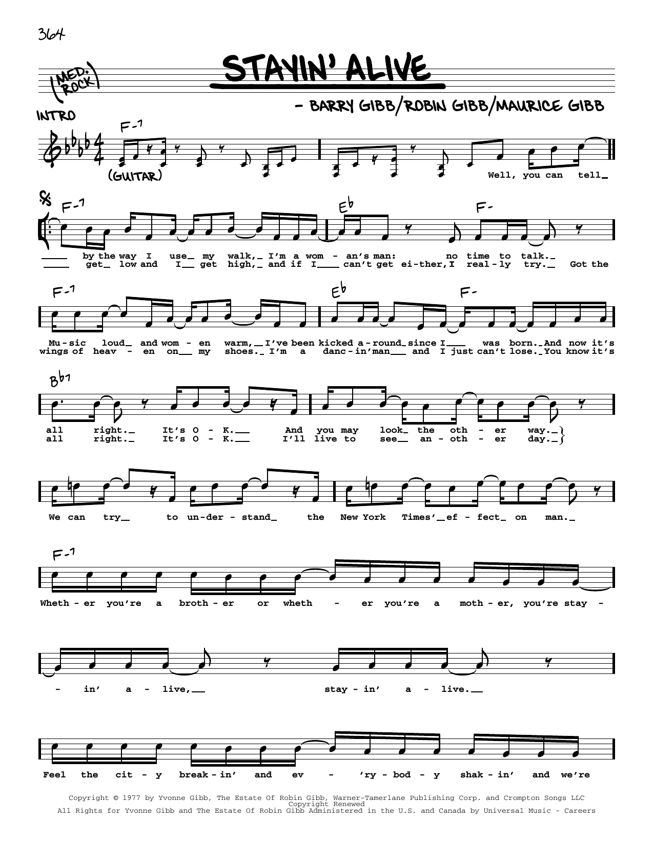 The Bee Gees Stayin' Alive sheet music notes and chords. Download Printable PDF.