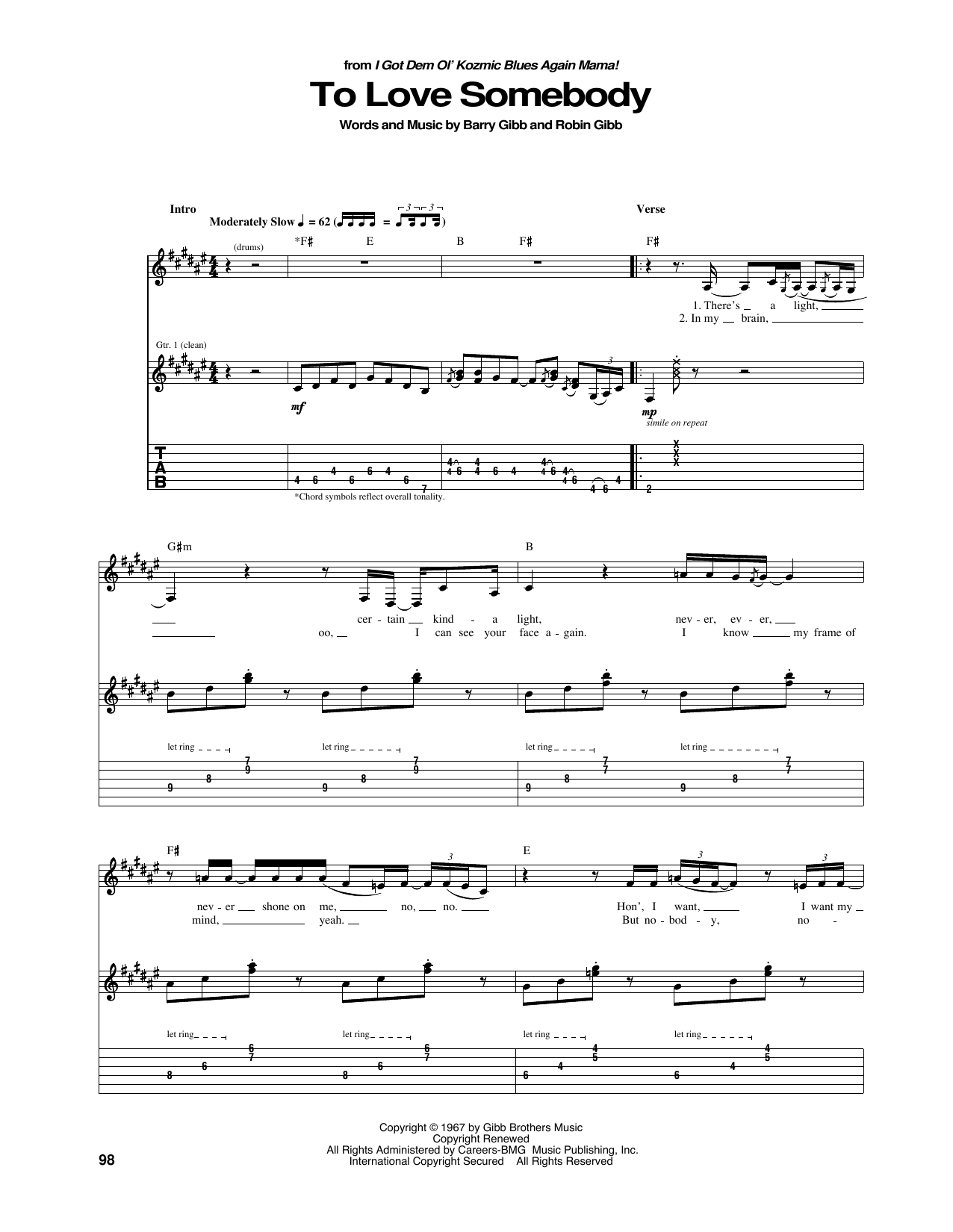 Learn to play Bee Gees To Love Somebody sheet music for Guitar Tab in minutes. Price: 7.8900$ Bee Gees To Love Somebody sheet music notes and chords arranged for Guitar Tab