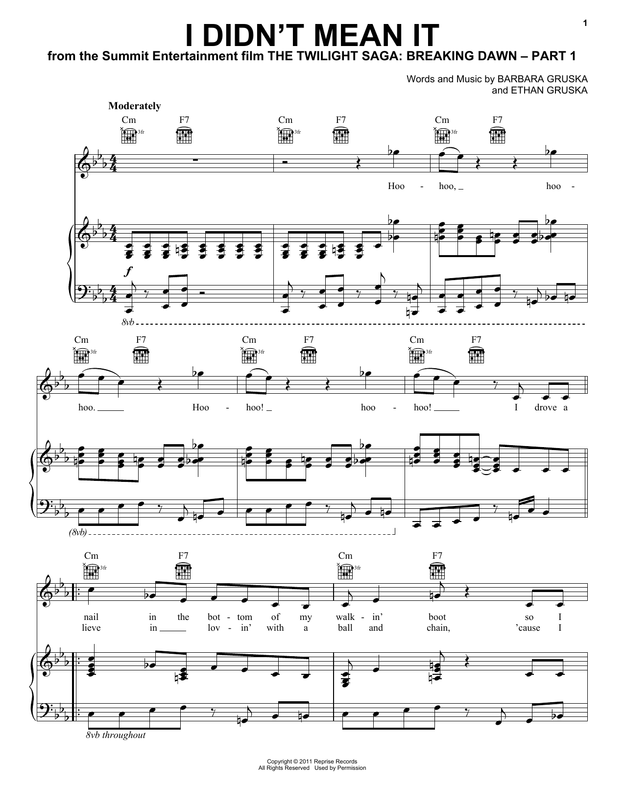 Learn to play The Belle Brigade I Didn't Mean It (from The Twilight Saga: Breaking Dawn, Part 1) sheet music for Piano, Vocal & Guitar Chords (Right-Hand Melody) in minutes. Price: 6.9900$ The Belle Brigade I Didn't Mean It (from The Twilight Saga: Breaking Dawn, Part 1) sheet music notes and chords arranged for Piano, Vocal & Guitar Chords (Right-Hand Melody)