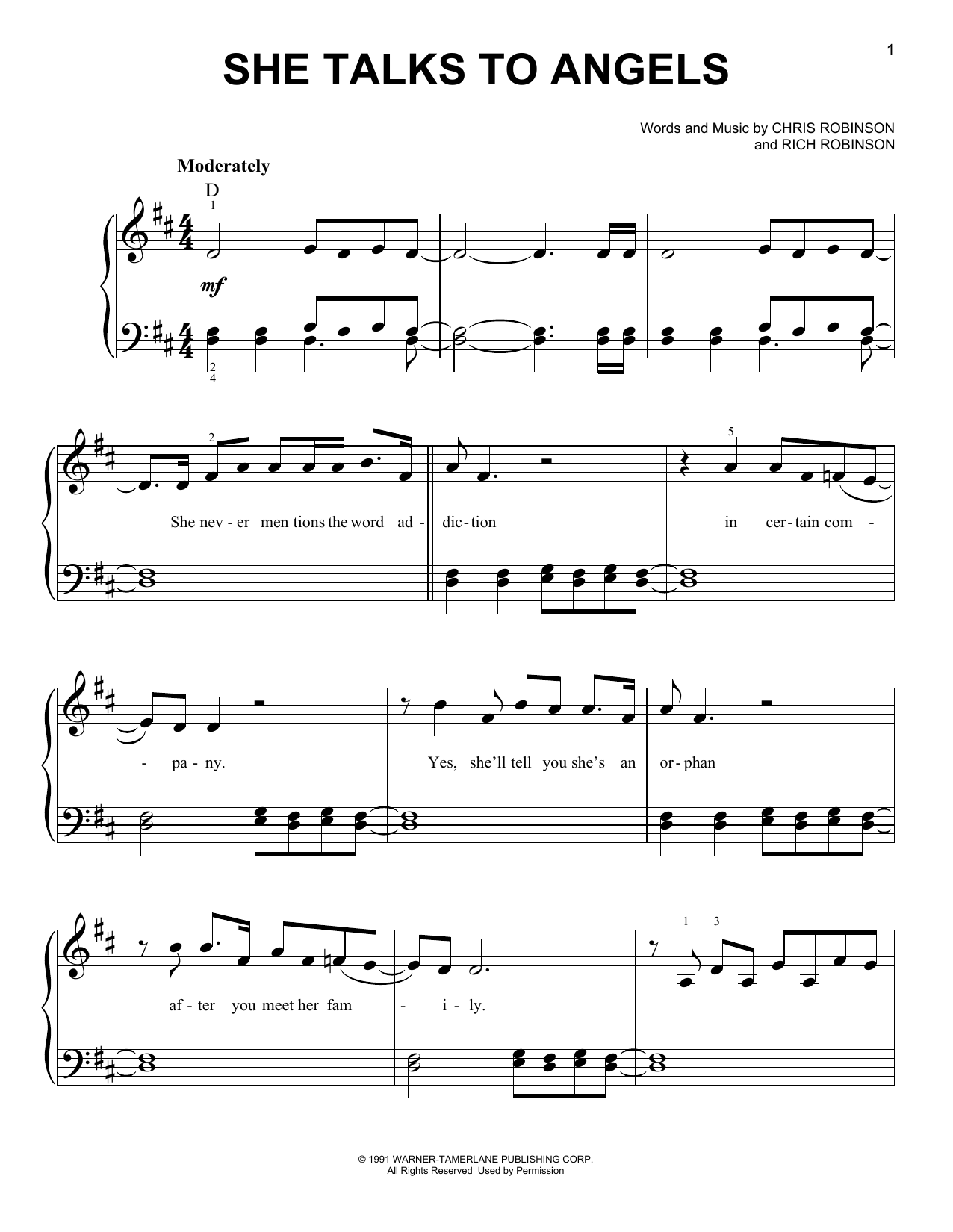 Black Crowes She Talks To Angels sheet music notes and chords. Download Printable PDF.