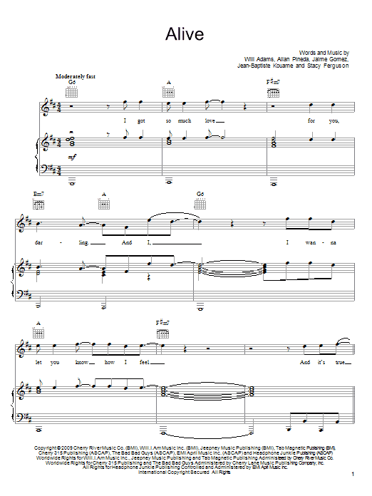 Learn to play The Black Eyed Peas Alive sheet music for Piano, Vocal & Guitar Chords (Right-Hand Melody) in minutes. Price: 7.8900$ The Black Eyed Peas Alive sheet music notes and chords arranged for Piano, Vocal & Guitar Chords (Right-Hand Melody)