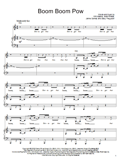 Learn to play The Black Eyed Peas Boom Boom Pow sheet music for Piano, Vocal & Guitar Chords (Right-Hand Melody) in minutes. Price: 7.8900$ The Black Eyed Peas Boom Boom Pow sheet music notes and chords arranged for Piano, Vocal & Guitar Chords (Right-Hand Melody)