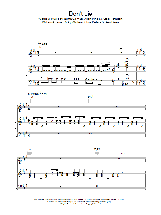 Learn to play The Black Eyed Peas Don't Lie sheet music for Piano, Vocal & Guitar Chords in minutes. Price: 7.8900$ The Black Eyed Peas Don't Lie sheet music notes and chords arranged for Piano, Vocal & Guitar Chords
