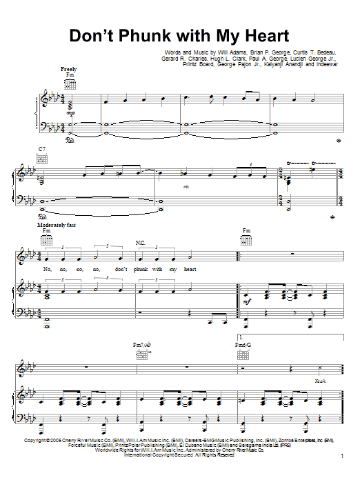 The Black Eyed Peas Don't Phunk With My Heart sheet music notes and chords arranged for Piano, Vocal & Guitar Chords
