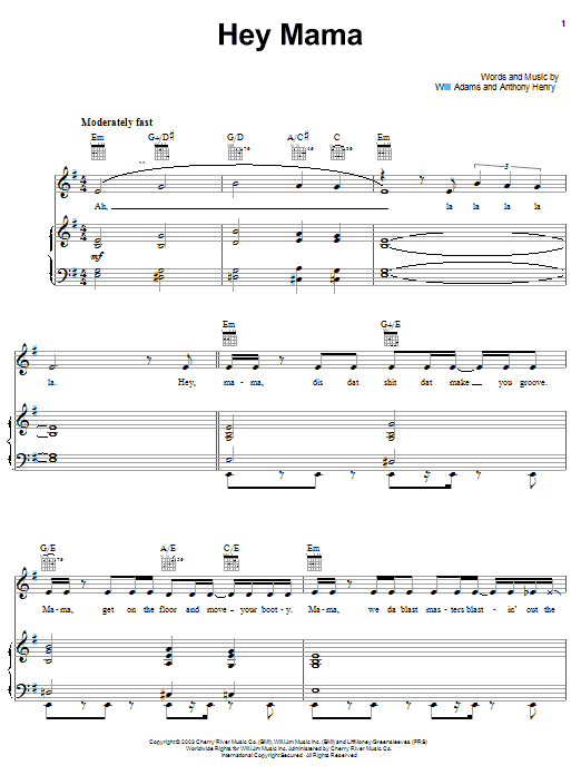 Learn to play The Black Eyed Peas Hey Mama sheet music for Piano, Vocal & Guitar Chords (Right-Hand Melody) in minutes. Price: 7.8900$ The Black Eyed Peas Hey Mama sheet music notes and chords arranged for Piano, Vocal & Guitar Chords (Right-Hand Melody)