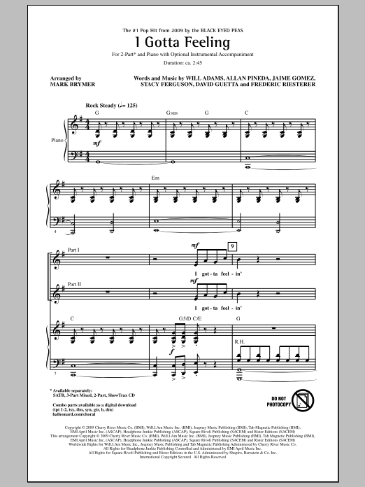 Mark Brymer I Gotta Feeling sheet music notes and chords arranged for 2-Part Choir