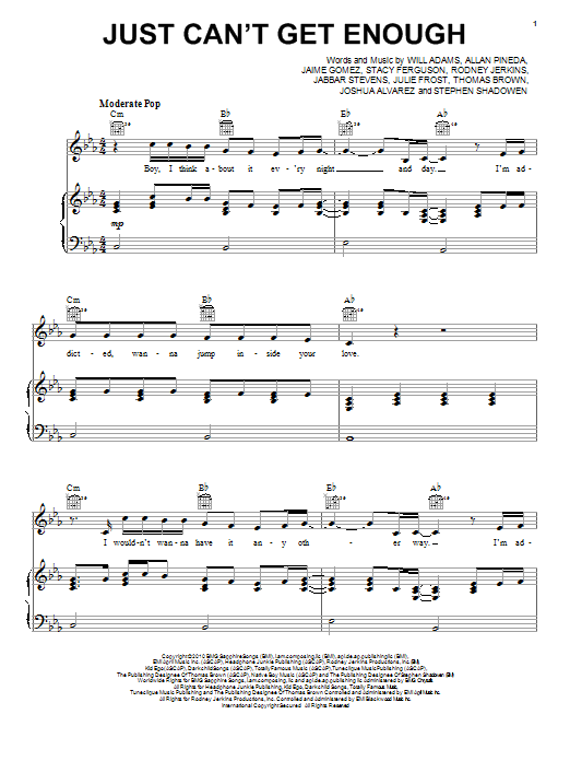 The Black Eyed Peas Just Can't Get Enough sheet music notes and chords arranged for Piano, Vocal & Guitar Chords (Right-Hand Melody)