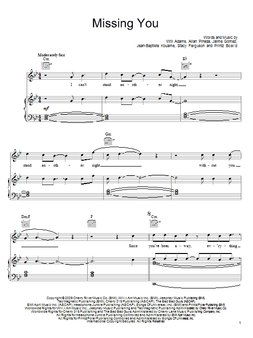 Learn to play The Black Eyed Peas Missing You sheet music for Piano, Vocal & Guitar Chords (Right-Hand Melody) in minutes. Price: 7.8900$ The Black Eyed Peas Missing You sheet music notes and chords arranged for Piano, Vocal & Guitar Chords (Right-Hand Melody)