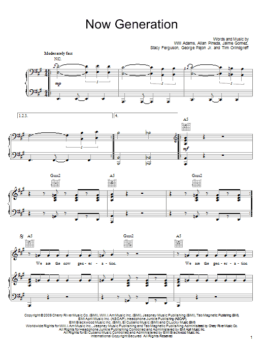 Learn to play The Black Eyed Peas Now Generation sheet music for Piano, Vocal & Guitar Chords (Right-Hand Melody) in minutes. Price: 7.8900$ The Black Eyed Peas Now Generation sheet music notes and chords arranged for Piano, Vocal & Guitar Chords (Right-Hand Melody)
