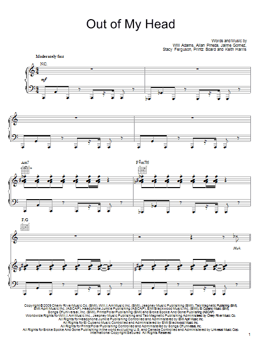 The Black Eyed Peas Out Of My Head sheet music notes and chords arranged for Piano, Vocal & Guitar Chords (Right-Hand Melody)