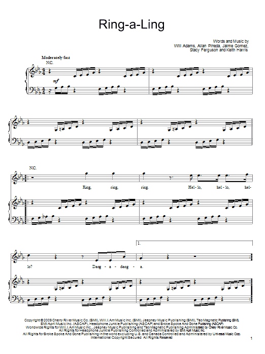 Learn to play The Black Eyed Peas Ring-A-Ling sheet music for Piano, Vocal & Guitar Chords (Right-Hand Melody) in minutes. Price: 7.8900$ The Black Eyed Peas Ring-A-Ling sheet music notes and chords arranged for Piano, Vocal & Guitar Chords (Right-Hand Melody)