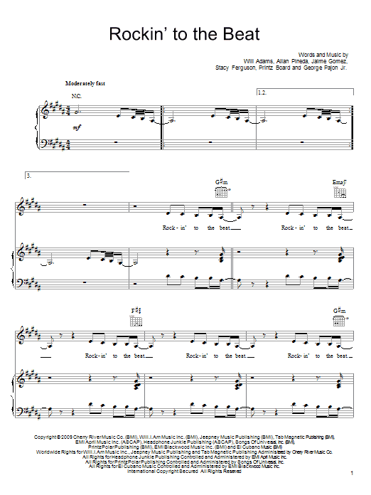 Learn to play The Black Eyed Peas Rockin' To The Beat sheet music for Piano, Vocal & Guitar Chords (Right-Hand Melody) in minutes. Price: 7.8900$ The Black Eyed Peas Rockin' To The Beat sheet music notes and chords arranged for Piano, Vocal & Guitar Chords (Right-Hand Melody)