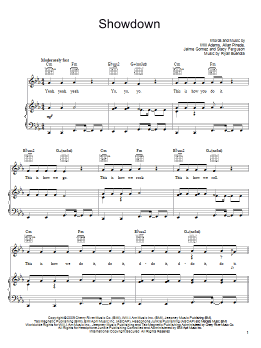Learn to play The Black Eyed Peas Showdown sheet music for Piano, Vocal & Guitar Chords (Right-Hand Melody) in minutes. Price: 7.8900$ The Black Eyed Peas Showdown sheet music notes and chords arranged for Piano, Vocal & Guitar Chords (Right-Hand Melody)