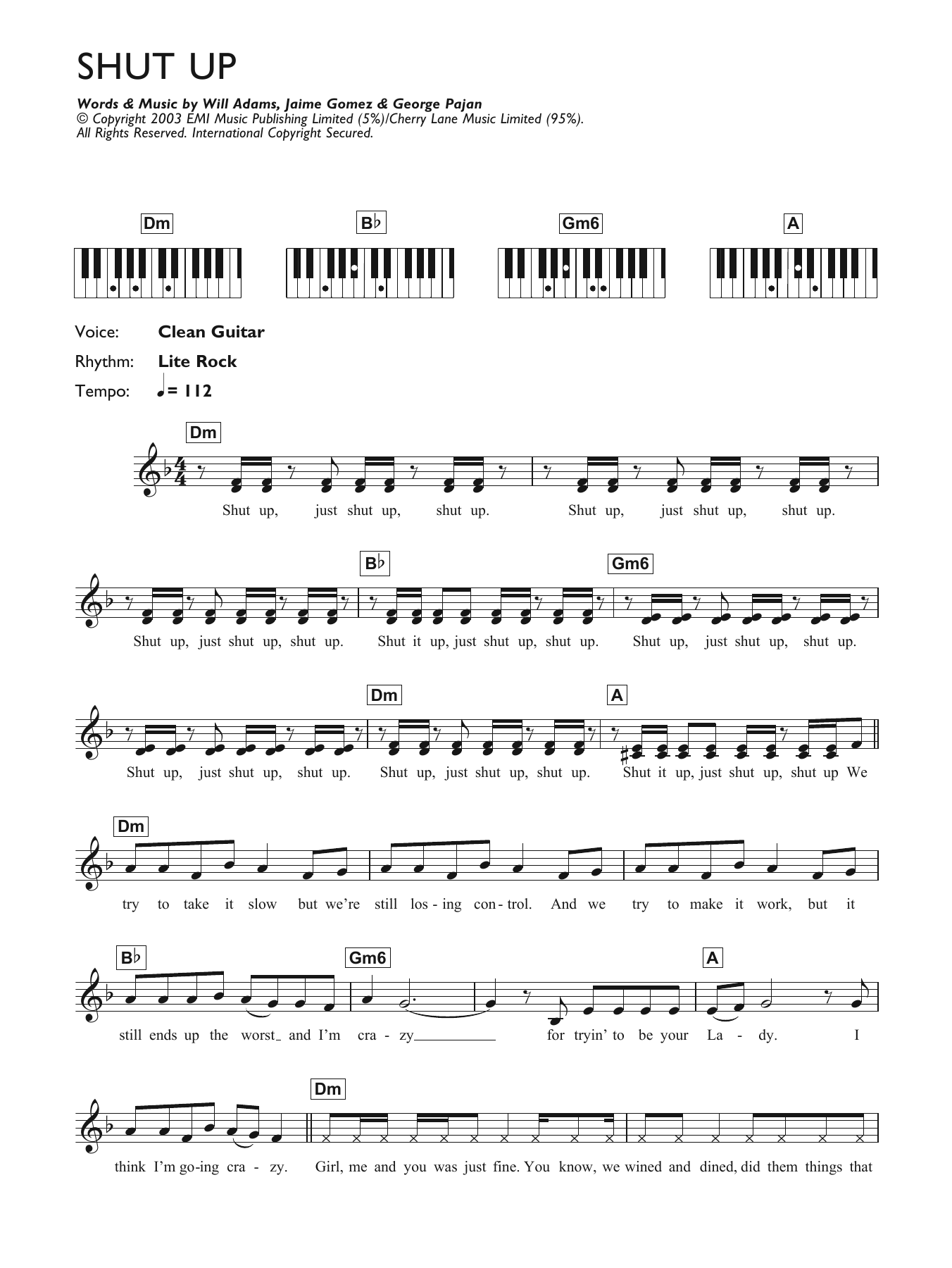 The Black Eyed Peas Shut Up sheet music notes and chords arranged for Piano Chords/Lyrics