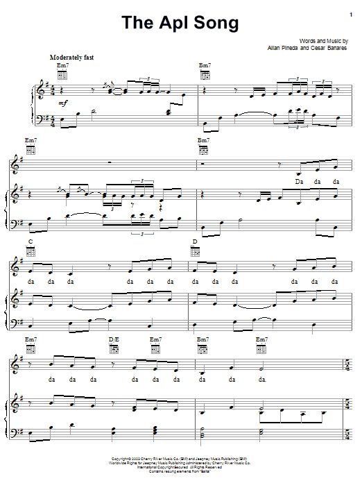 Learn to play The Black Eyed Peas The Apl Song sheet music for Piano, Vocal & Guitar Chords (Right-Hand Melody) in minutes. Price: 7.8900$ The Black Eyed Peas The Apl Song sheet music notes and chords arranged for Piano, Vocal & Guitar Chords (Right-Hand Melody)