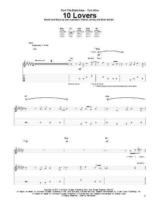 Learn to play The Black Keys 10 Lovers sheet music for Guitar Tab in minutes. Price: 7.8900$ The Black Keys 10 Lovers sheet music notes and chords arranged for Guitar Tab