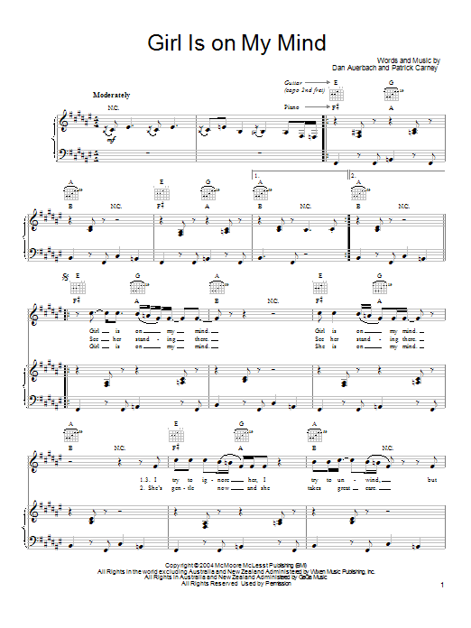 Learn to play The Black Keys Girl Is On My Mind sheet music for Piano, Vocal & Guitar Chords (Right-Hand Melody) in minutes. Price: 7.8900$ The Black Keys Girl Is On My Mind sheet music notes and chords arranged for Piano, Vocal & Guitar Chords (Right-Hand Melody)