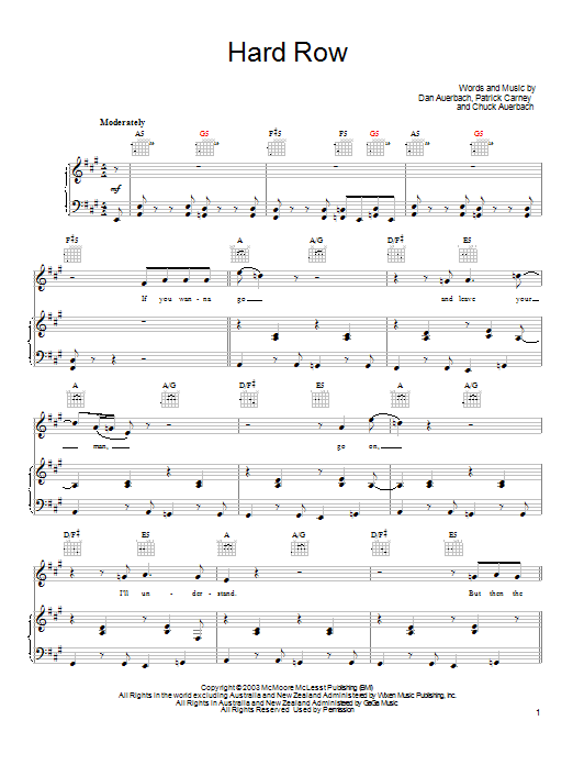 Learn to play The Black Keys Hard Row sheet music for Piano, Vocal & Guitar Chords (Right-Hand Melody) in minutes. Price: 7.8900$ The Black Keys Hard Row sheet music notes and chords arranged for Piano, Vocal & Guitar Chords (Right-Hand Melody)