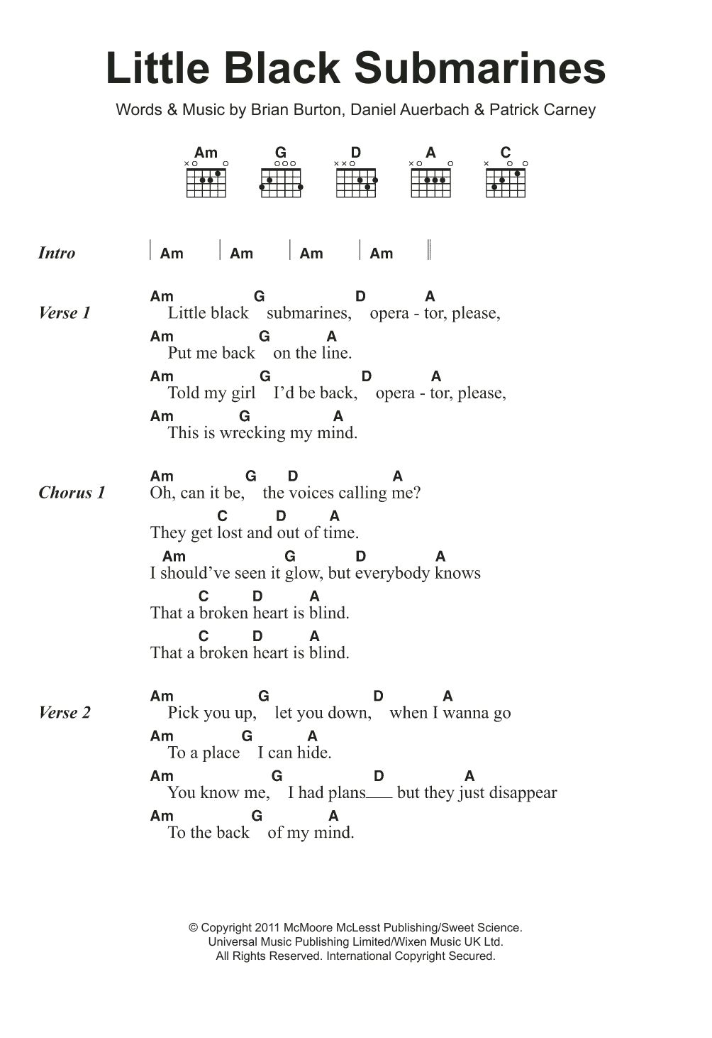 The Black Keys Little Black Submarines sheet music notes and chords. Download Printable PDF.