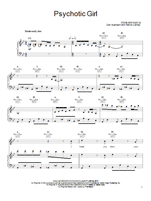 Learn to play The Black Keys Psychotic Girl sheet music for Piano, Vocal & Guitar Chords (Right-Hand Melody) in minutes. Price: 7.8900$ The Black Keys Psychotic Girl sheet music notes and chords arranged for Piano, Vocal & Guitar Chords (Right-Hand Melody)