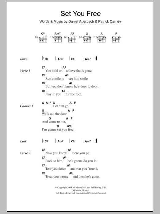 The Black Keys Set You Free sheet music notes and chords. Download Printable PDF.