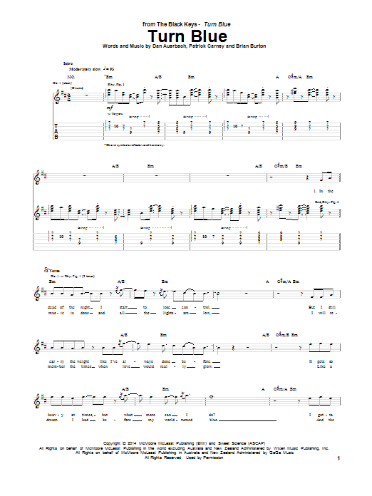 Learn to play The Black Keys Turn Blue sheet music for Guitar Tab in minutes. Price: 7.8900$ The Black Keys Turn Blue sheet music notes and chords arranged for Guitar Tab