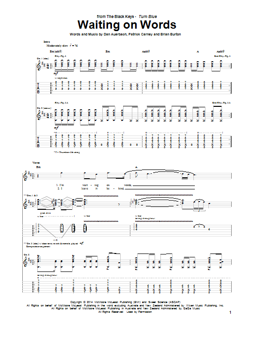 Learn to play The Black Keys Waiting On Words sheet music for Guitar Tab in minutes. Price: 7.8900$ The Black Keys Waiting On Words sheet music notes and chords arranged for Guitar Tab