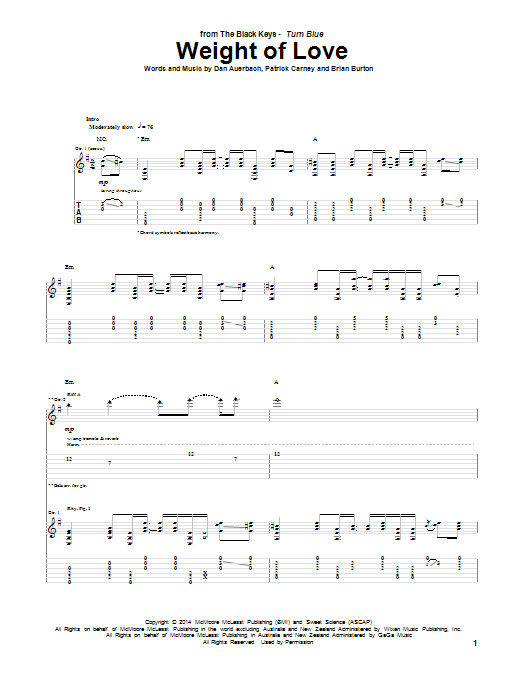 Learn to play The Black Keys Weight Of Love sheet music for Guitar Tab in minutes. Price: 7.8900$ The Black Keys Weight Of Love sheet music notes and chords arranged for Guitar Tab