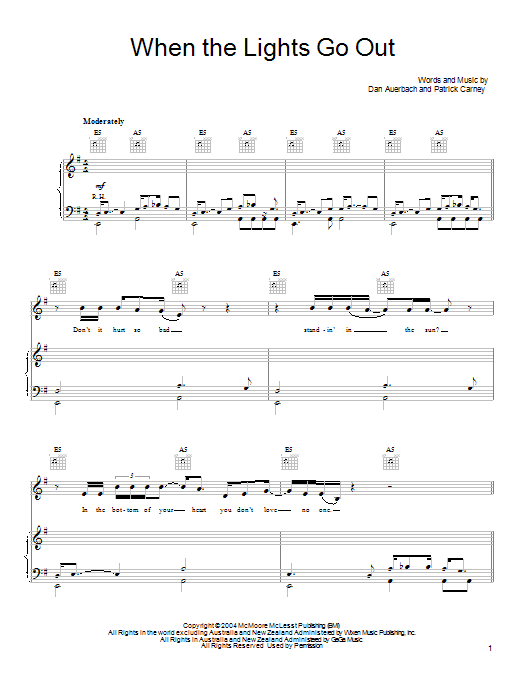 Learn to play The Black Keys When The Lights Go Out sheet music for Piano, Vocal & Guitar Chords (Right-Hand Melody) in minutes. Price: 7.8900$ The Black Keys When The Lights Go Out sheet music notes and chords arranged for Piano, Vocal & Guitar Chords (Right-Hand Melody)